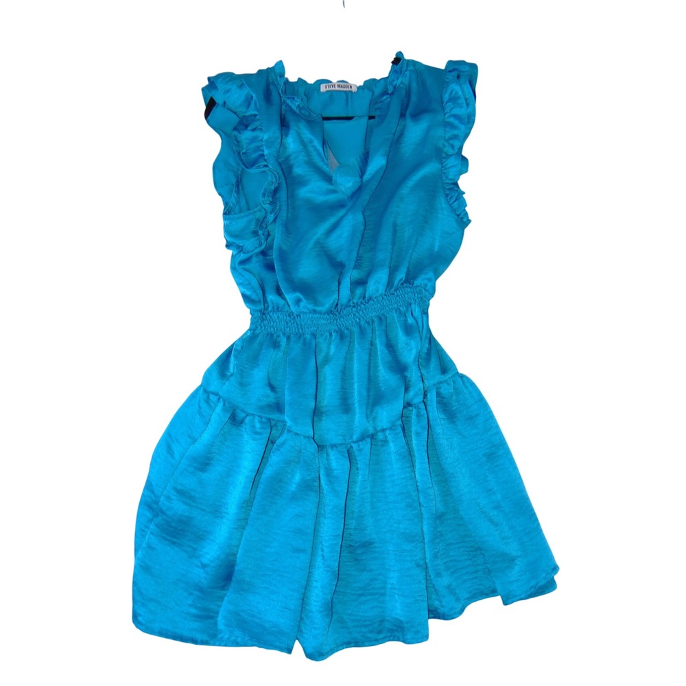 Steve Madden Turquoise Blue Ruffle Smocked‎ Satin Mini Dress DO18827X Womens